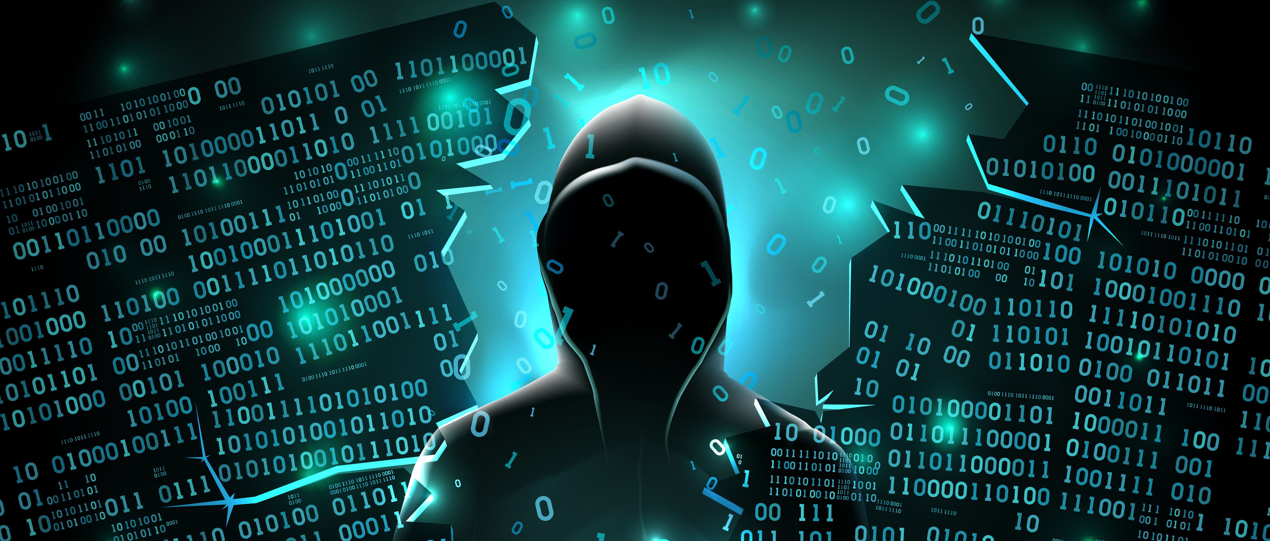 hacker mit kapuze ohne Gesicht mit zerissener Festplatte